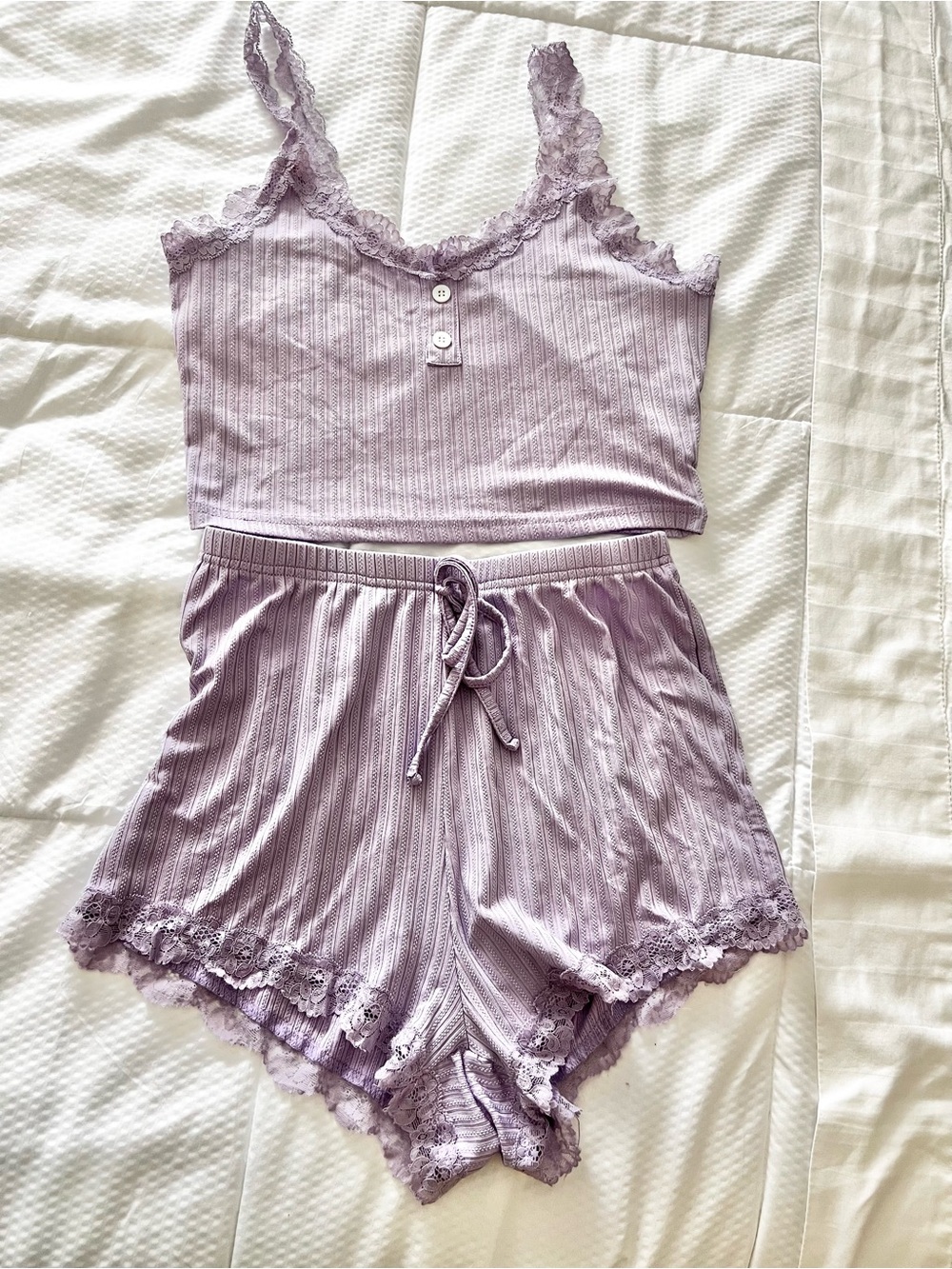 Lace-Trim Ribbed Cami & Shorts Sleep Sets|Lavender/Rose Size Small - Picture 2 of 7